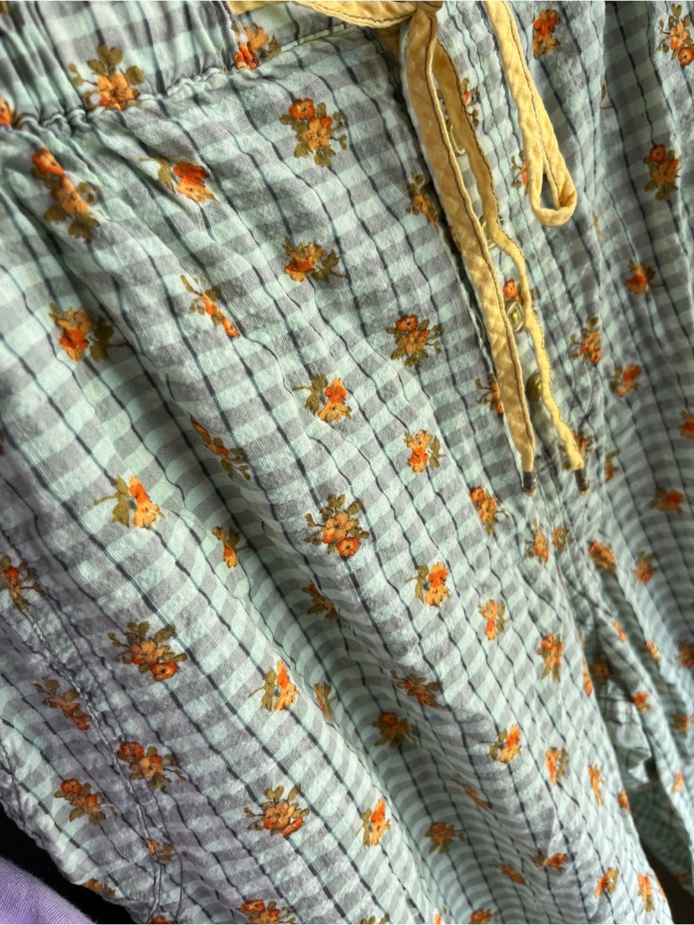 Free People On Repeat Pyjama Trousers Plaid Floral - Lime Cream Sz L - Picture 15 of 16
